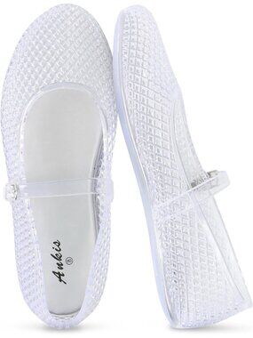 Women's Jelly Clear Mesh Flats Buckle Strap Mary Jane Ballerina Flats Fishnet